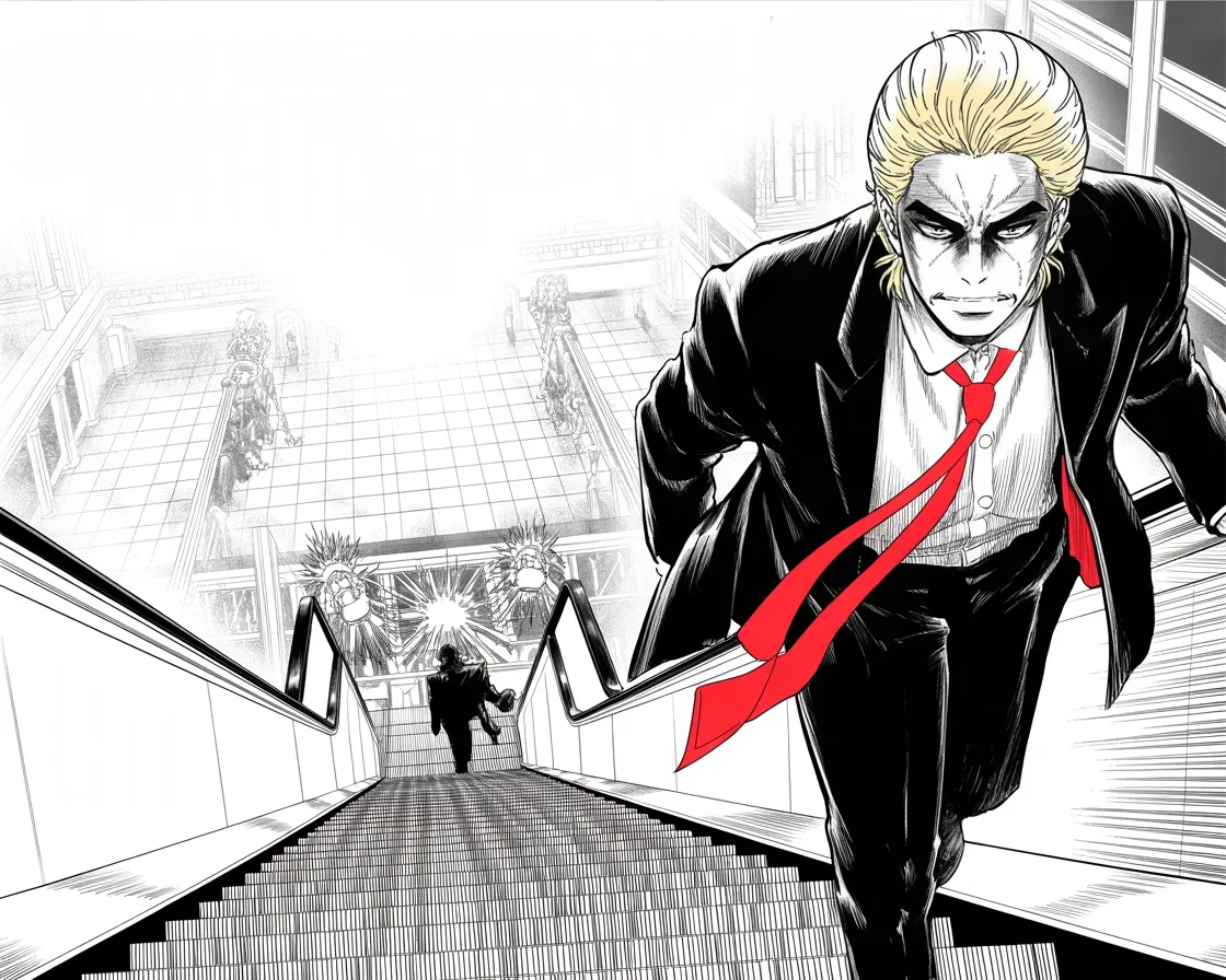Manga panel 2 of 4, Week 1 “The Golden Descent”: Imposing older man with a sweeping golden pompadour mane, heavy brow, small intense eyes, strong jowled jaw, long dark suit, very long red necktie flowing like a battle banner, occupying the right…