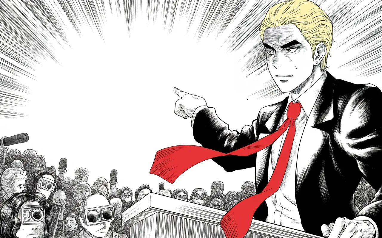 Manga panel 3 of 4, Week 1 “The Golden Descent”: Imposing older man with a sweeping golden pompadour mane, heavy brow, small intense eyes, strong jowled jaw, long dark suit, very long red necktie flowing like a battle banner, standing at a podium…
