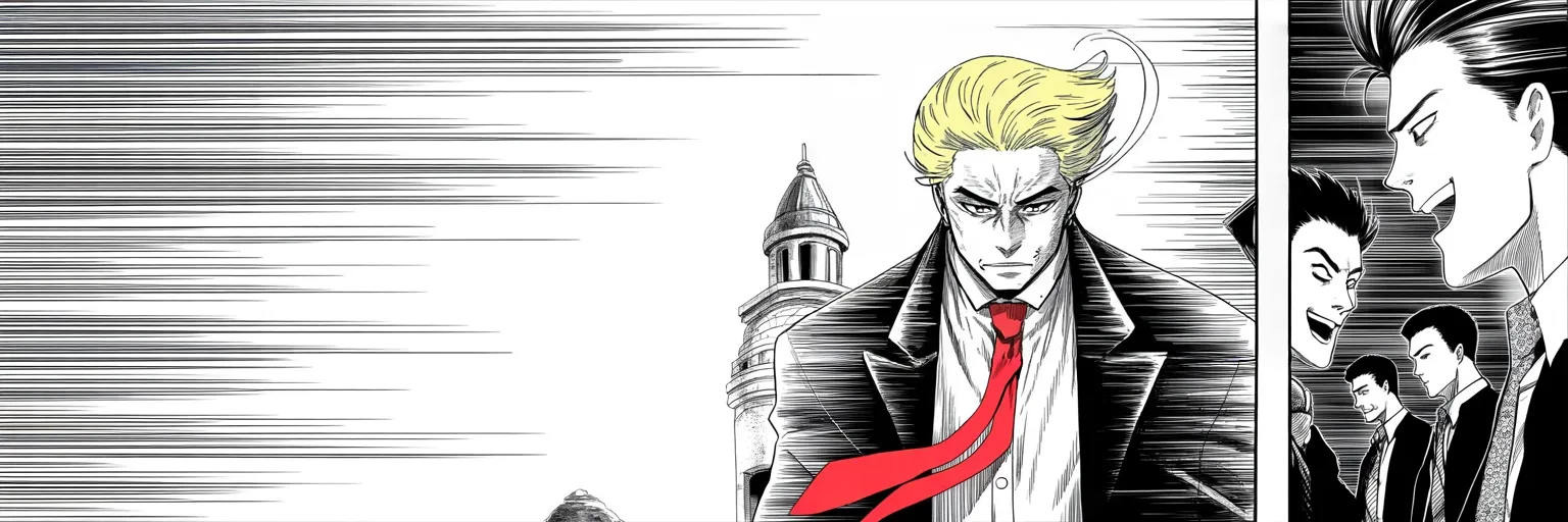 Manga panel 4 of 4, Week 1 “The Golden Descent”: imposing older man with a sweeping golden pompadour mane, heavy brow, small intense eyes, strong jowled jaw, long dark suit, very long red necktie flowing like a battle banner, standing alone at the…
