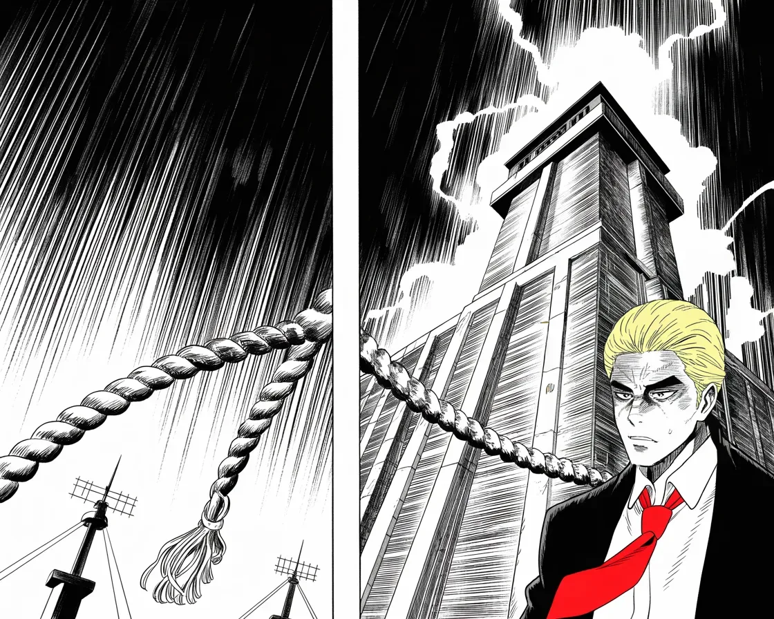 Manga panel 2 of 4, Week 2 “The Great Houses Cut Their Ropes”: A brutalist tower shot like a fortress keep at night rising on the right half of the frame, lightning behind it; thick mooring ropes lashed from the tower to distant broadcast masts are snapping one…