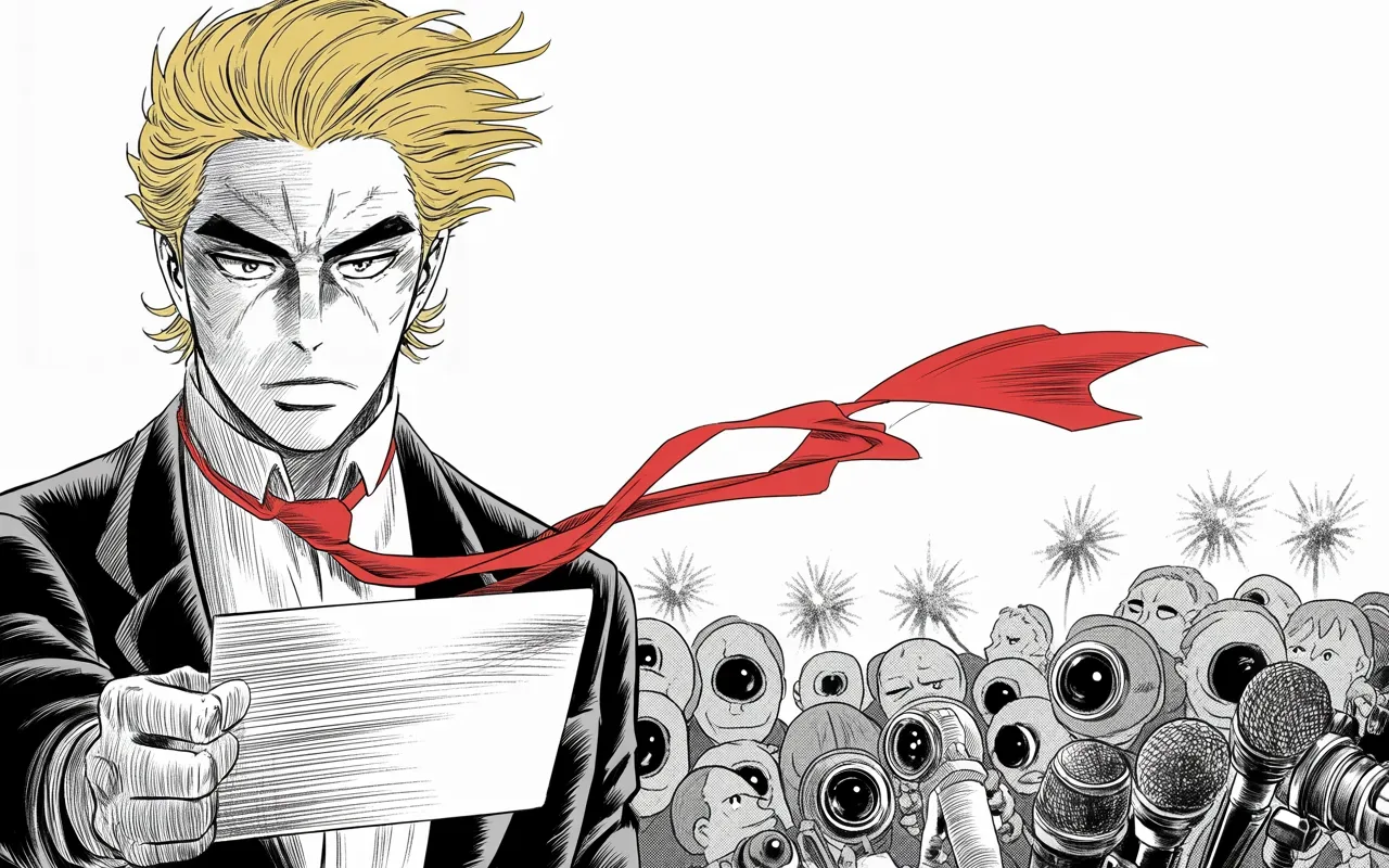 Manga panel 3 of 4, Week 2 “The Great Houses Cut Their Ropes”: Imposing older man with a sweeping golden pompadour mane, heavy brow, small intense eyes, strong jowled jaw, long dark suit, very long red necktie flowing like a battle banner brandishes a letter…
