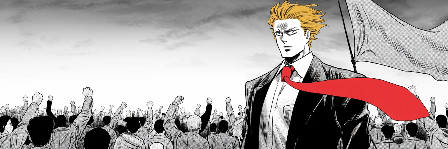 Manga panel 4 of 4, Week 2 “The Great Houses Cut Their Ropes”: Ultra-wide shot seen from behind: imposing older man with a sweeping golden pompadour mane, heavy brow, small intense eyes, strong jowled jaw, long dark suit, very long red necktie flowing like a…