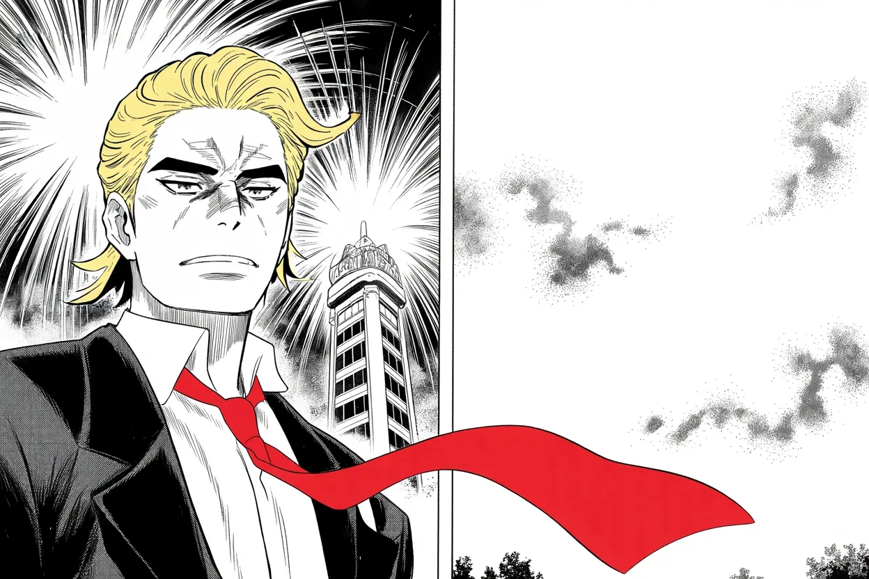 Manga panel 2 of 4, Week 3 “Fireworks Over the Tower”: imposing older man with a sweeping golden pompadour mane, heavy brow, small intense eyes, strong jowled jaw, long dark suit, very long red necktie flowing like a battle banner shot from below at a…