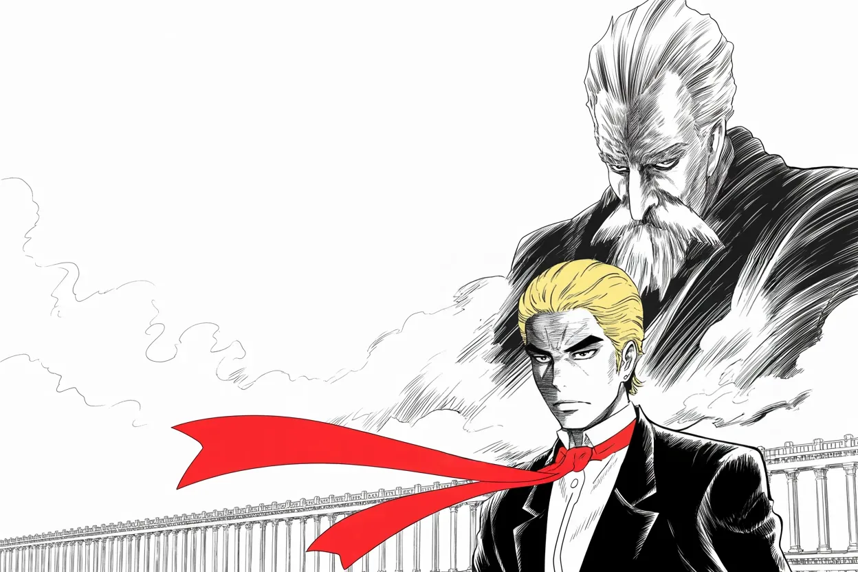 Manga panel 3 of 4, Week 3 “Fireworks Over the Tower”: imposing older man with a sweeping golden pompadour mane, heavy brow, small intense eyes, strong jowled jaw, long dark suit, very long red necktie flowing like a battle banner stands at the lower…