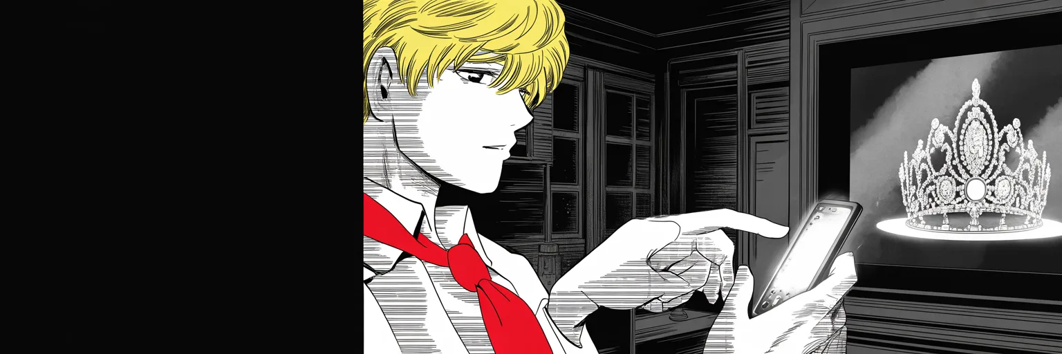 Manga panel 4 of 4, Week 3 “Fireworks Over the Tower”: thumbs hovering over a glowing phone screen on the right half of the frame in a dark tower suite before dawn, screen light carving deep shadows, a jeweled pageant crown gleaming on a distant…