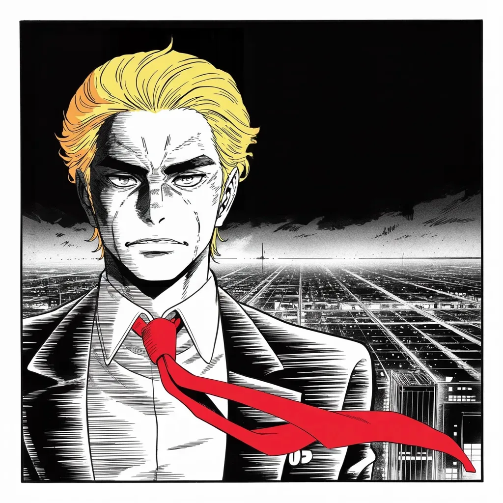 Manga panel 2 of 5, Week 4 “The Tunnel and the Wall”: Imposing older man with a sweeping golden pompadour mane, heavy brow, small intense eyes, strong jowled jaw, long dark suit, very long red necktie flowing like a battle banner, alone at a vast dark…