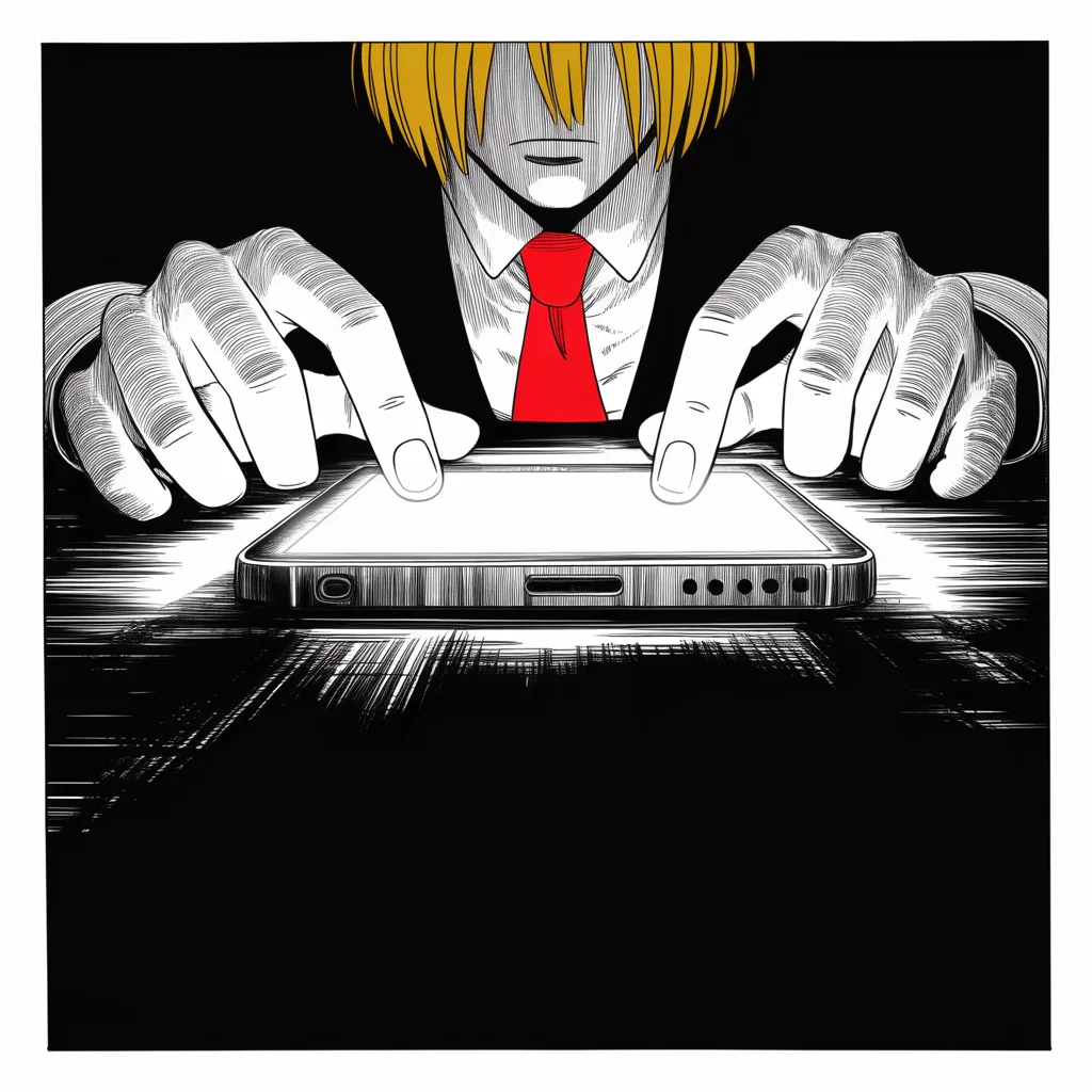 Manga panel 3 of 5, Week 4 “The Tunnel and the Wall”: Extreme close-up of thumbs hovering over a glowing phone screen in the upper half of the square frame in total darkness, the light carving deep shadows across the knuckles