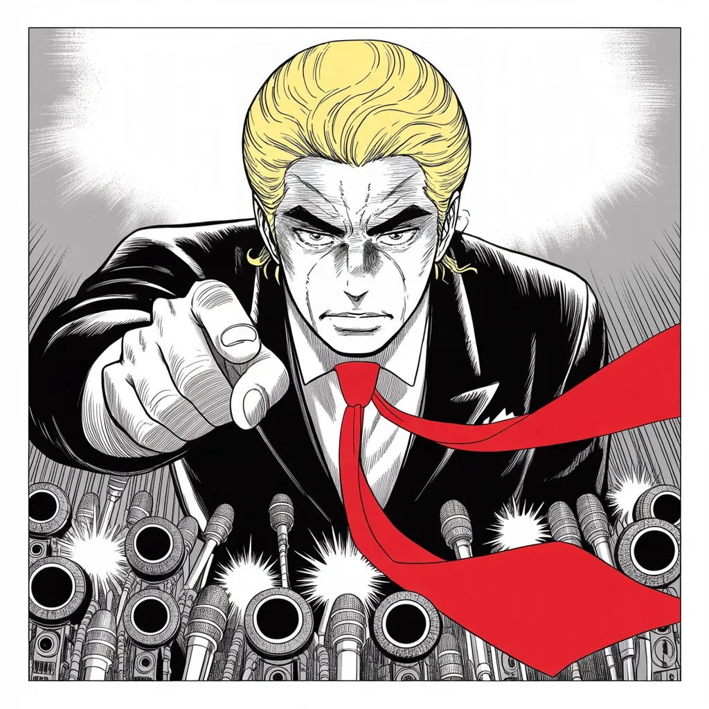 Manga panel 4 of 5, Week 4 “The Tunnel and the Wall”: Imposing older man with a sweeping golden pompadour mane, heavy brow, small intense eyes, strong jowled jaw, long dark suit, very long red necktie flowing like a battle banner, jabbing a finger…