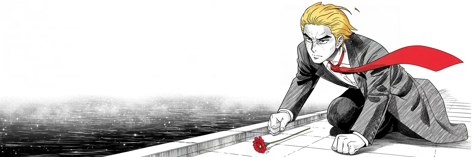 Manga panel 5 of 5, Week 4 “The Tunnel and the Wall”: imposing older man with a sweeping golden pompadour mane, heavy brow, small intense eyes, strong jowled jaw, long dark suit, very long red necktie flowing like a battle banner, rising from one knee…