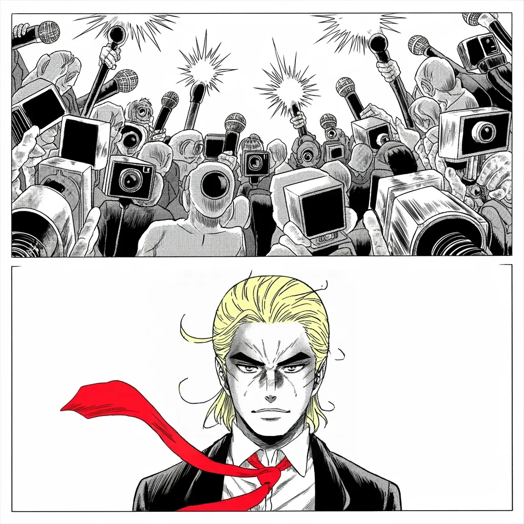 Manga panel 2 of 5, Week 5 “The First Obituary”: crowd of featureless figures with camera lenses for faces, microphone thicket, flash bursts erupting like gunfire, all converging across the middle strip of the square frame on a lone unbowed…