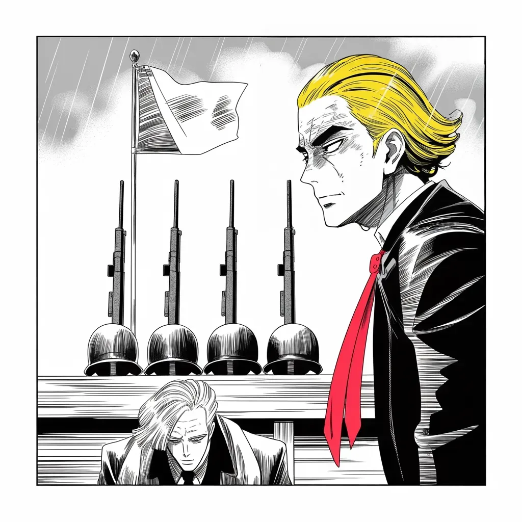 Manga panel 3 of 5, Week 5 “The First Obituary”: four soldiers' helmets resting on upright rifles beneath a half-lowered flag in the lower half of the square frame, an imposing older man with a sweeping golden pompadour mane and long dark suit…