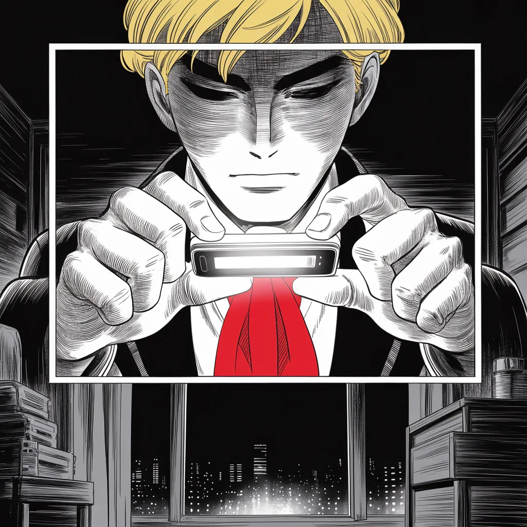 Manga panel 4 of 5, Week 5 “The First Obituary”: extreme close-up of thumbs hovering over a glowing phone screen in the upper half of the square frame in a dark tower bedroom, the screen's light carving a heavy-browed jowled face out of blackness…