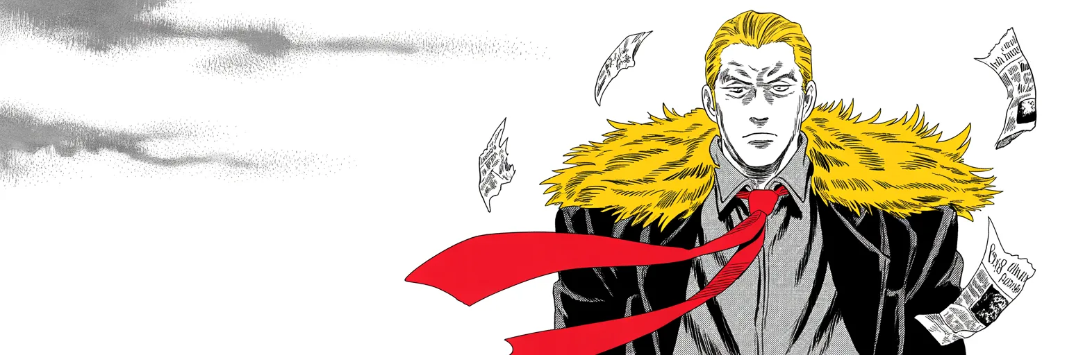 Manga panel 5 of 5, Week 5 “The First Obituary”: imposing older man with a sweeping golden pompadour mane, heavy brow, small intense eyes, strong jowled jaw, long dark suit, very long red necktie flowing like a battle banner, standing on the right…