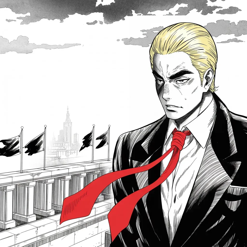Manga panel 2 of 5, Week 6 “Resurrection in Double Digits”: Imposing older man with a sweeping golden pompadour mane, heavy brow, small intense eyes, strong jowled jaw, long dark suit, very long red necktie flowing like a battle banner, on a high tower…