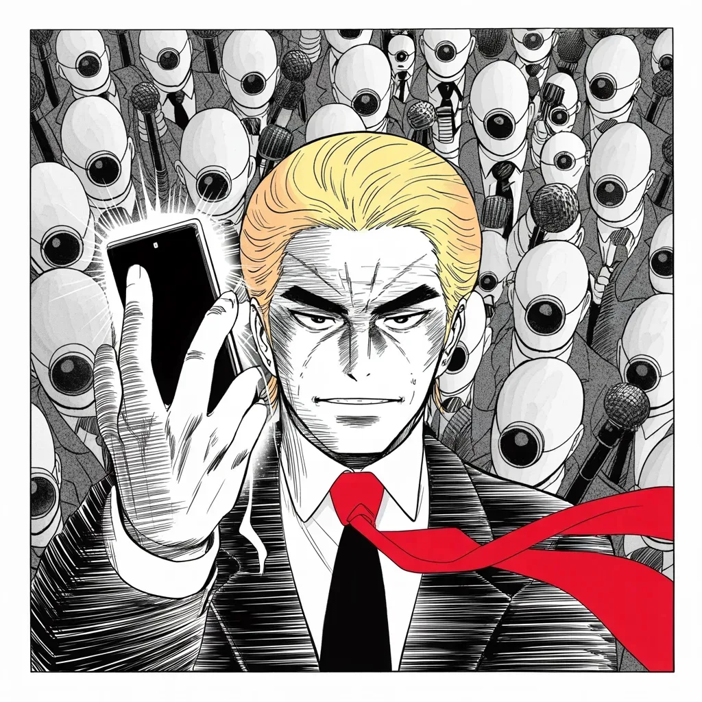 Manga panel 3 of 5, Week 6 “Resurrection in Double Digits”: Imposing older man with a sweeping golden pompadour mane, heavy brow, small intense eyes, strong jowled jaw, long dark suit, very long red necktie flowing like a battle banner, raising a glowing…