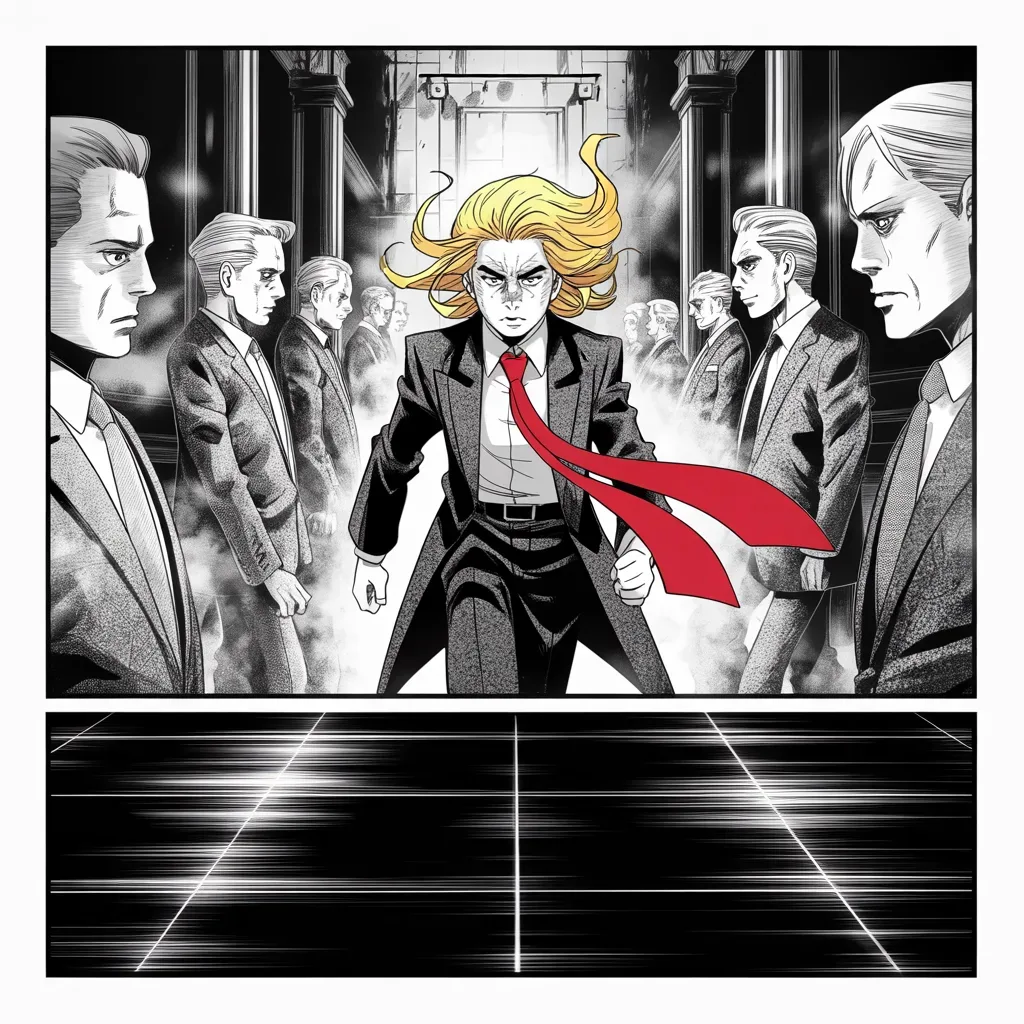 Manga panel 4 of 5, Week 6 “Resurrection in Double Digits”: Imposing older man with a sweeping golden pompadour mane, heavy brow, small intense eyes, strong jowled jaw, long dark suit, very long red necktie flowing like a battle banner, striding through the…
