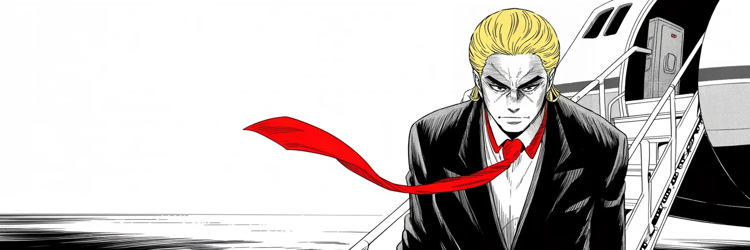 Manga panel 5 of 5, Week 6 “Resurrection in Double Digits”: imposing older man with a sweeping golden pompadour mane, heavy brow, small intense eyes, strong jowled jaw, long dark suit, very long red necktie flowing like a battle banner, climbing the stairs…