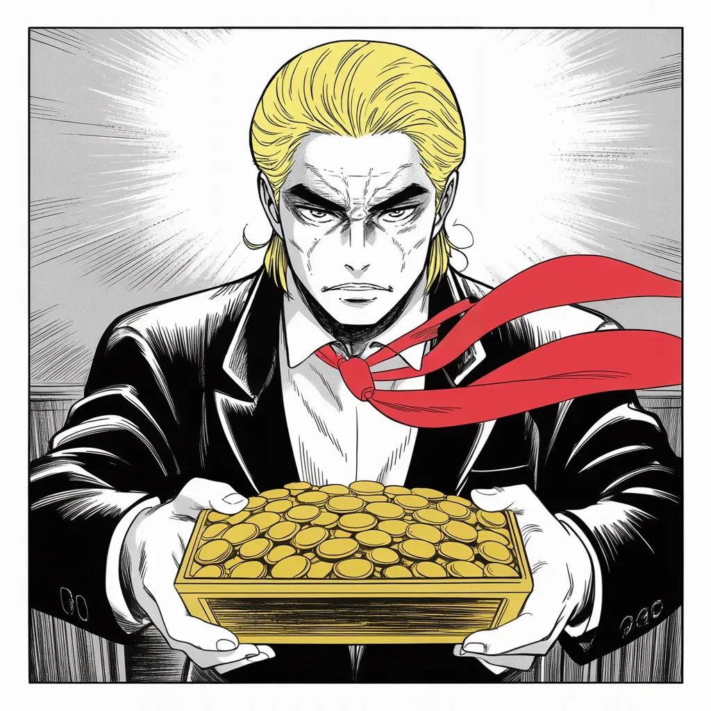 Manga panel 2 of 5, Week 7 “Eve of First Blood”: Imposing older man with a sweeping golden pompadour mane, heavy brow, small intense eyes, strong jowled jaw, long dark suit, very long red necktie flowing like a battle banner turns his back on an…