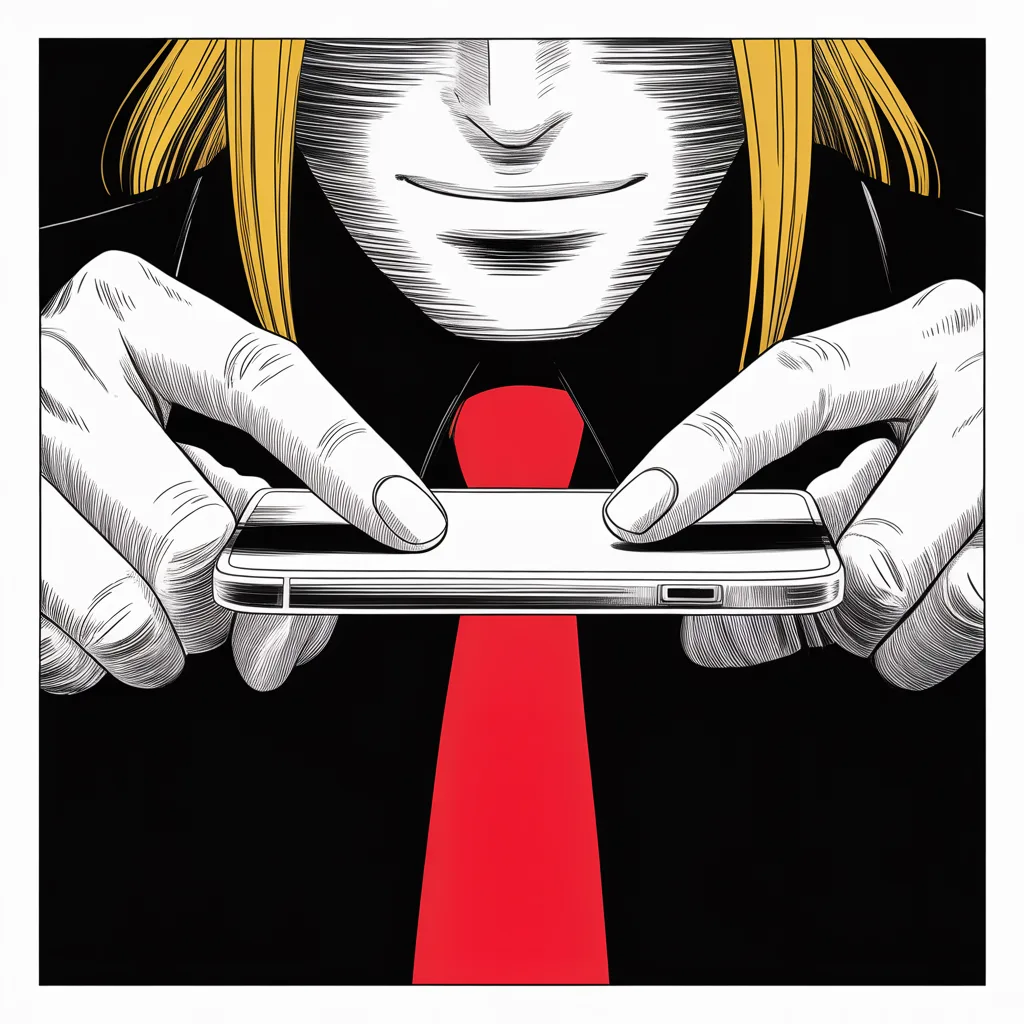 Manga panel 3 of 5, Week 7 “Eve of First Blood”: Extreme close-up of thumbs hovering over a glowing phone screen in the upper half of the square frame, cold light carving a heavy jowled face from the black, the glow held like a drawn blade