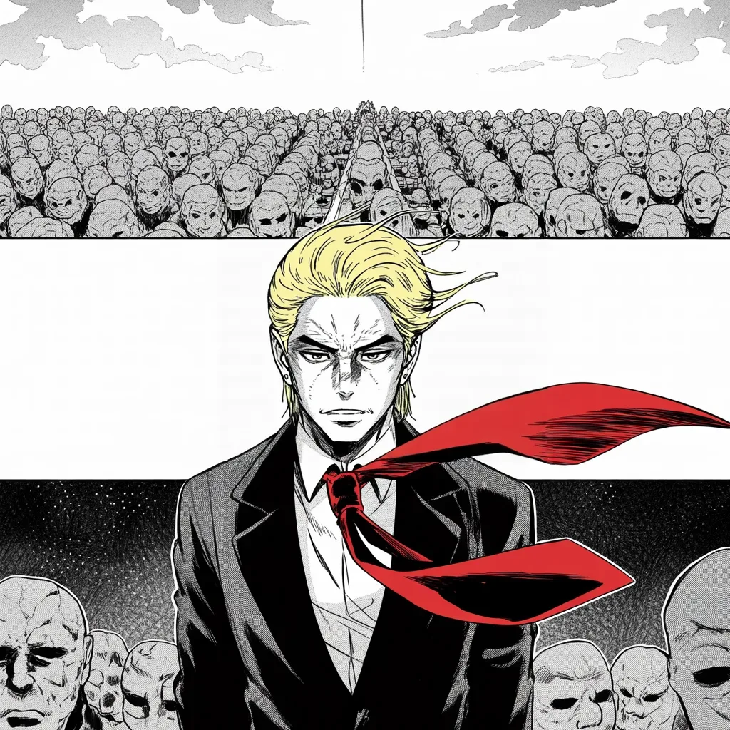 Manga panel 4 of 5, Week 7 “Eve of First Blood”: Imposing older man with a sweeping golden pompadour mane, heavy brow, small intense eyes, strong jowled jaw, long dark suit, very long red necktie flowing like a battle banner stands small in the…