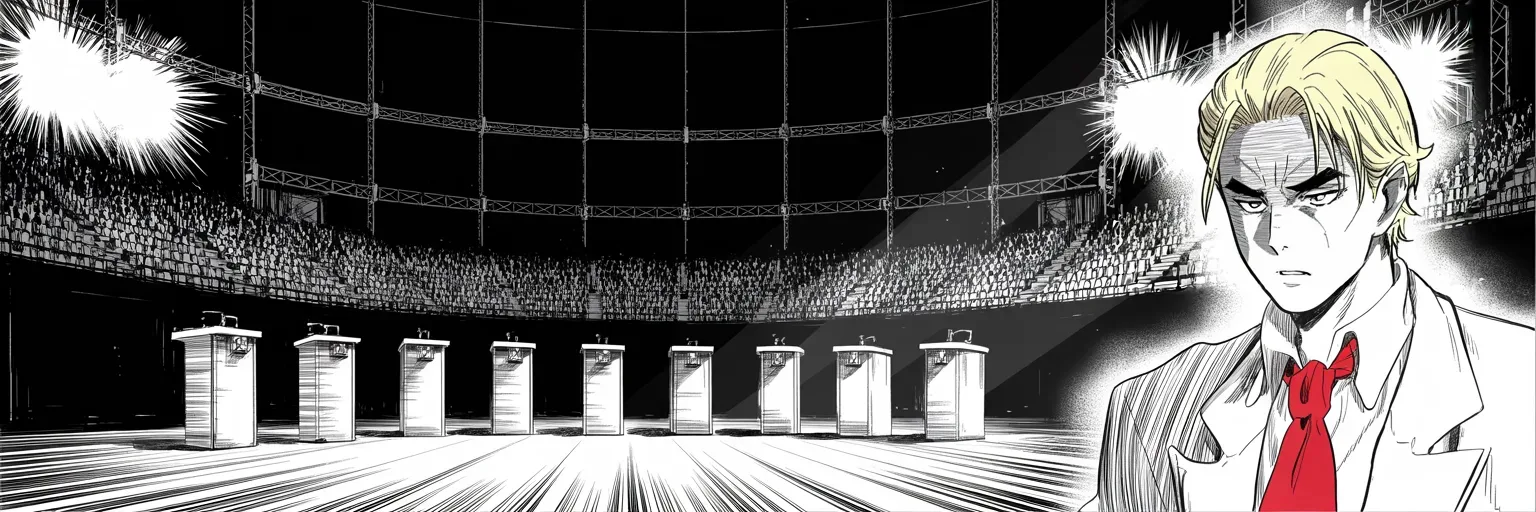 Manga panel 5 of 5, Week 7 “Eve of First Blood”: ten empty podiums bolted to a vast dark stage under harsh stadium spotlights on the right half of the frame, cables and scaffolding, cavernous rows of empty arena seats sinking into halftone shadow…