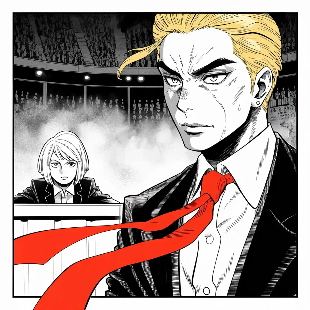 Manga panel 2 of 5, Week 8 “First Blood in Cleveland”: From behind the moderators' desk in the lower half of the square frame, a sharp-eyed blonde moderator levels her gaze like a drawn blade at the imposing older man with a sweeping golden pompadour…