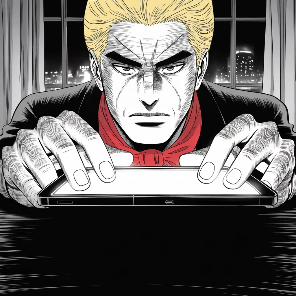 Manga panel 3 of 5, Week 8 “First Blood in Cleveland”: Extreme close-up in a darkened hotel room before dawn: heavy thumbs hover over a glowing phone screen in the upper half of the square frame, the light carving deep shadows across a jowled jaw and…