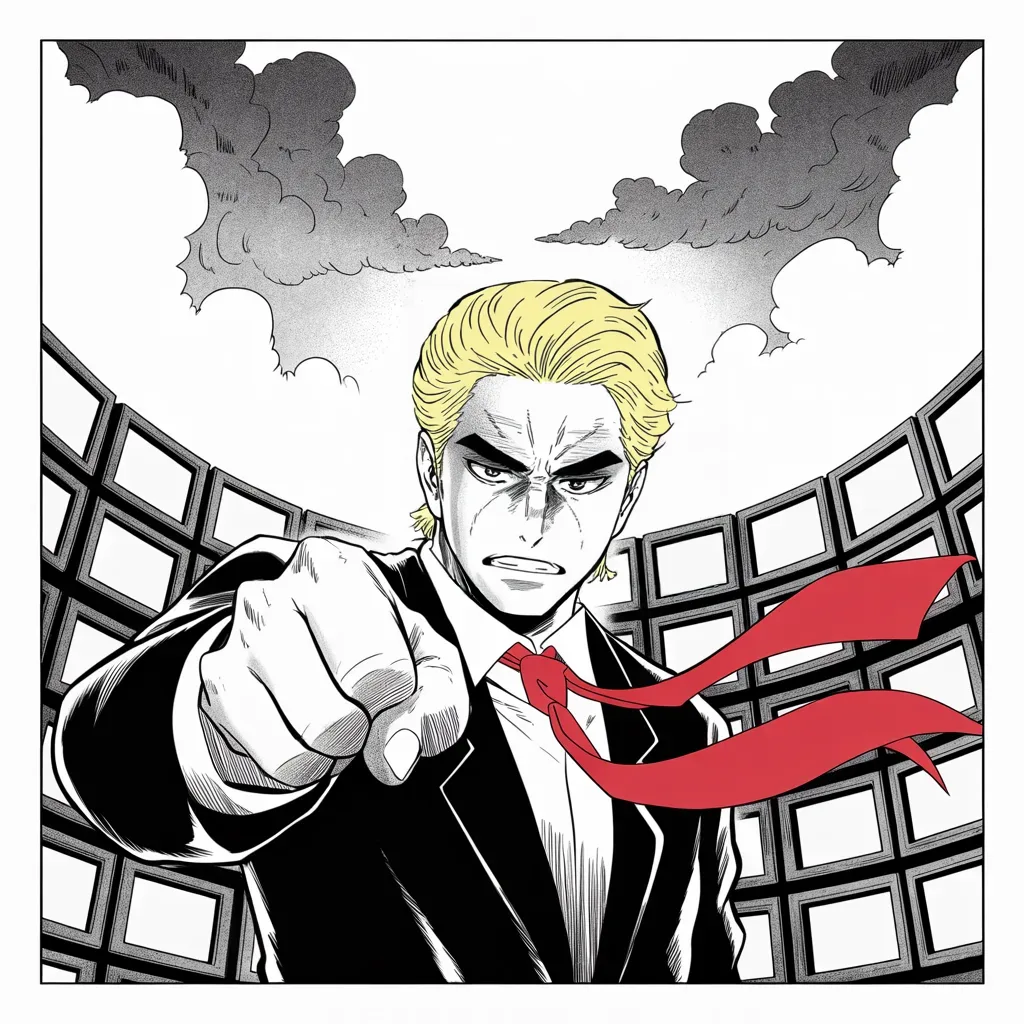 Manga panel 4 of 5, Week 8 “First Blood in Cleveland”: imposing older man with a sweeping golden pompadour mane, heavy brow, small intense eyes, strong jowled jaw, long dark suit, very long red necktie flowing like a battle banner, pointing in fury from…