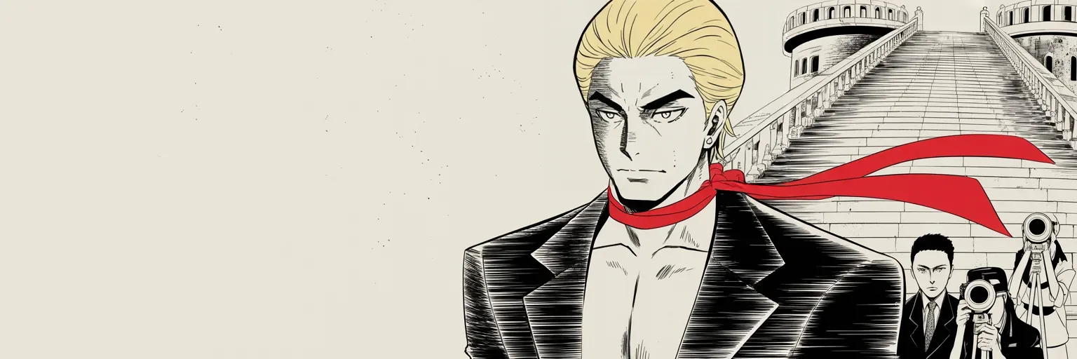 Manga panel 5 of 5, Week 8 “First Blood in Cleveland”: Ultra-wide shot in morning light at the fortress tower: imposing older man with a sweeping golden pompadour mane, heavy brow, small intense eyes, strong jowled jaw, long dark suit, very long red…