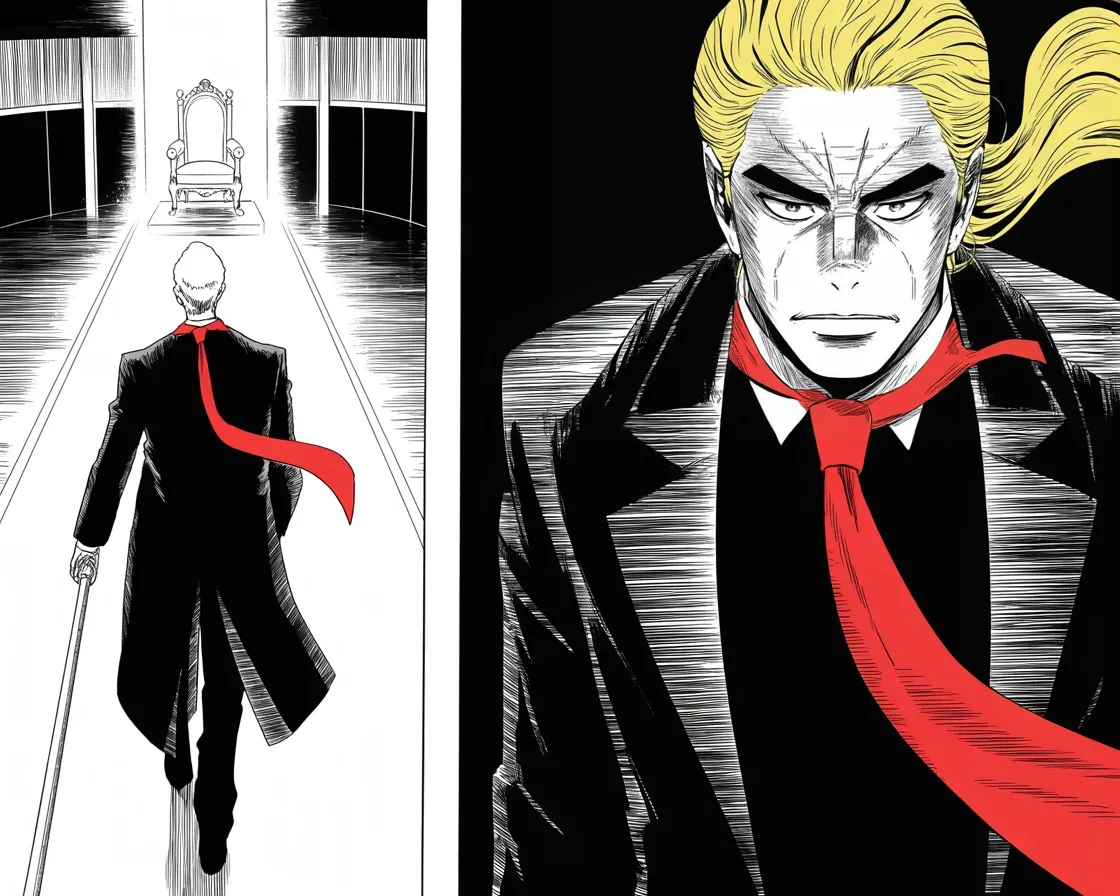 Manga panel 2 of 4, Week 9 “The Machine Descends on Iowa”: imposing older man with a sweeping golden pompadour mane, heavy brow, small intense eyes, strong jowled jaw, long dark suit, very long red necktie flowing like a battle banner walks away down a long…