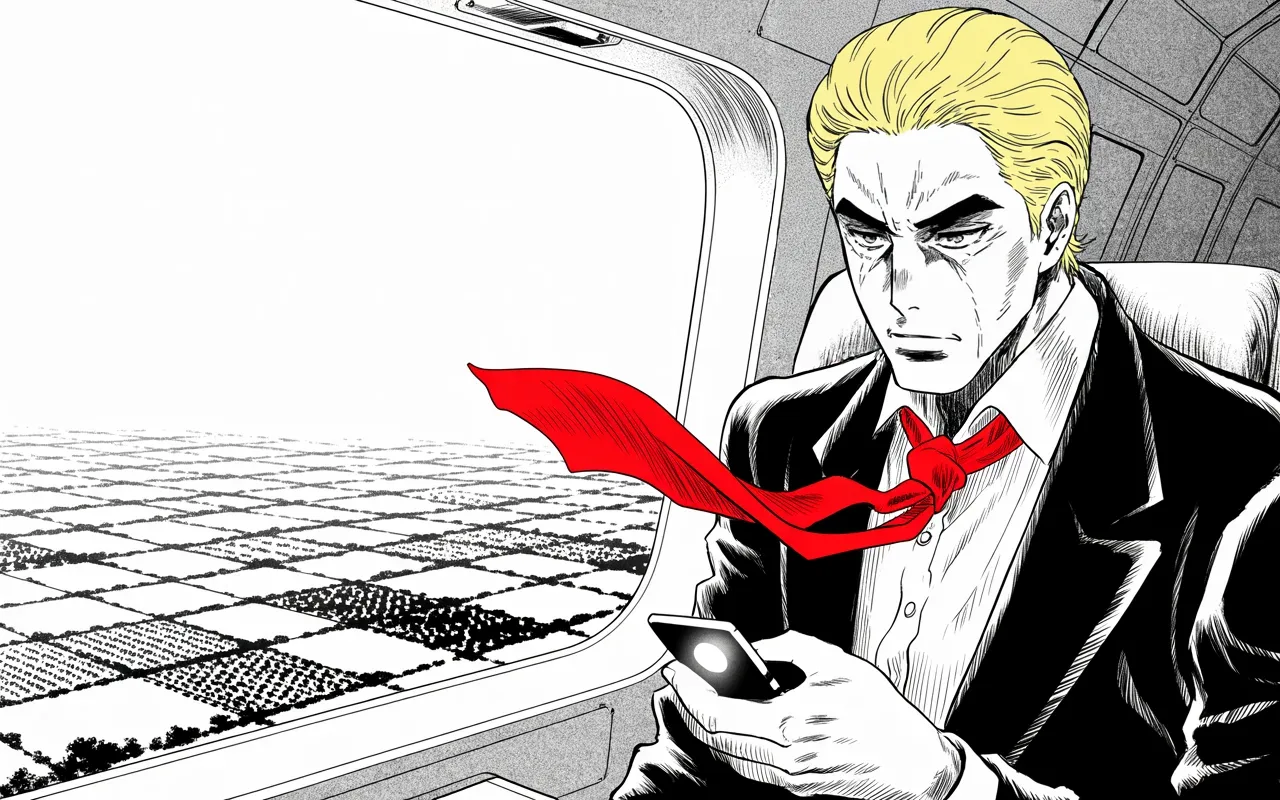 Manga panel 3 of 4, Week 9 “The Machine Descends on Iowa”: imposing older man with a sweeping golden pompadour mane, heavy brow, small intense eyes, strong jowled jaw, long dark suit, very long red necktie flowing like a battle banner gazes from a private…