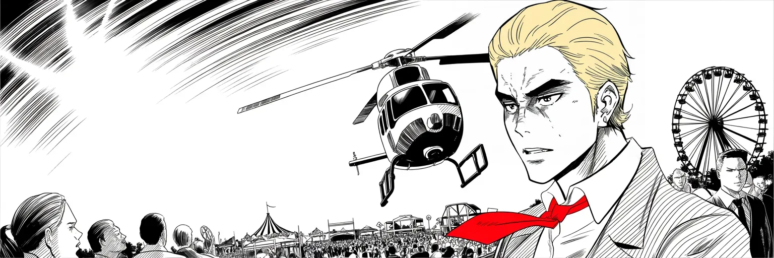 Manga panel 4 of 4, Week 9 “The Machine Descends on Iowa”: a dark helicopter descends from a blazing sky over a sprawling state fairground on the right half of the frame, ferris wheel silhouetted at the far right, halftone crowds of upturned faces along the…