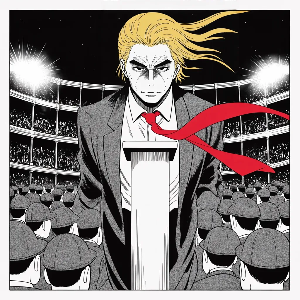 Manga panel 2 of 5, Week 10 “The Aura Made Visible”: Imposing older man with a sweeping golden pompadour mane, heavy brow, small intense eyes, strong jowled jaw, long dark suit, very long red necktie flowing like a battle banner at a lone podium in…