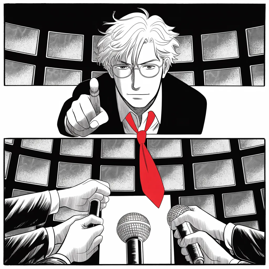 Manga panel 3 of 5, Week 10 “The Aura Made Visible”: Stooped elderly man with flyaway white hair, round glasses, pointing finger frozen at a rally podium in the middle strip of the square frame as shadowed figures wrench the microphone from his grasp…