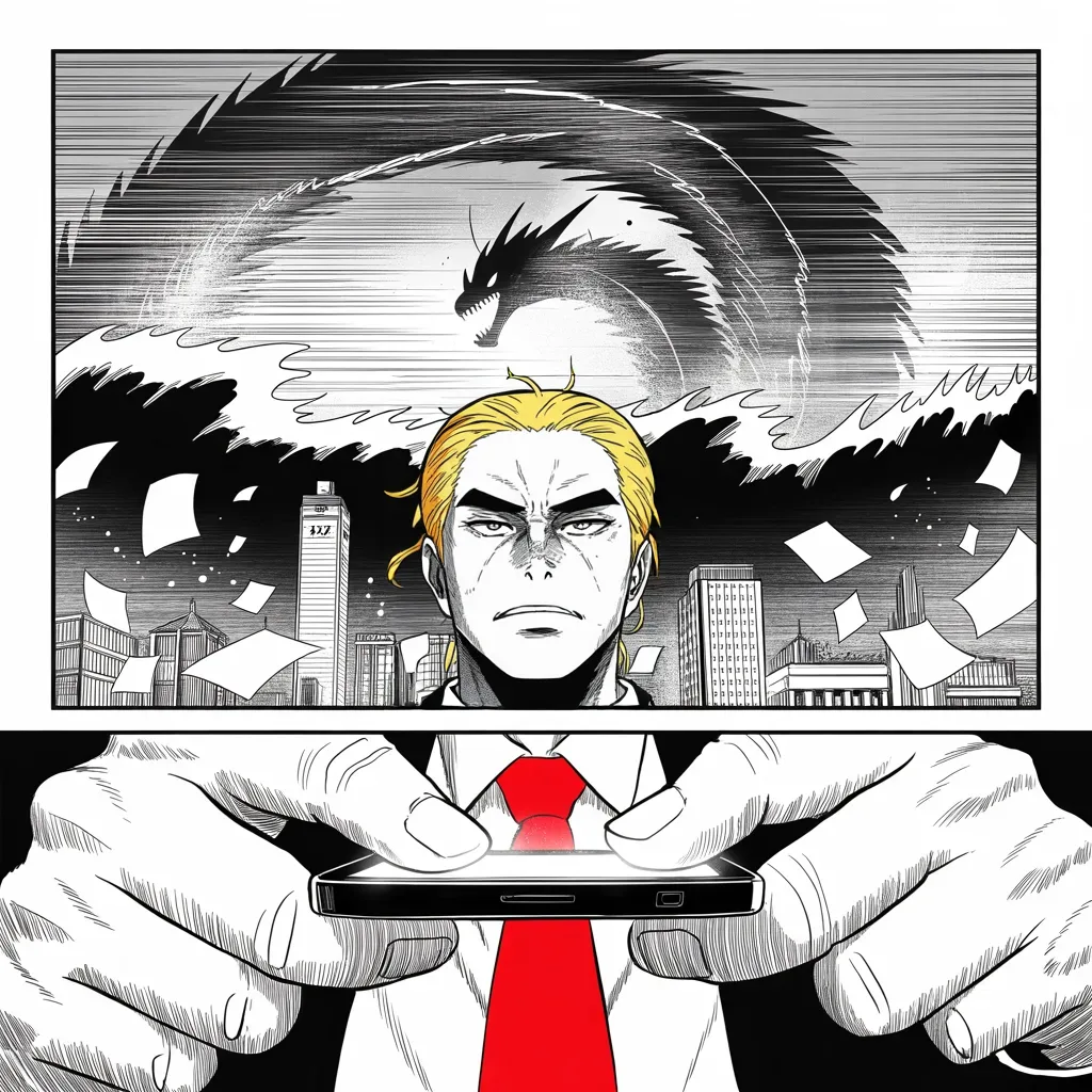 Manga panel 4 of 5, Week 10 “The Aura Made Visible”: Extreme close-up of heavy thumbs over a glowing phone screen at the bottom of the square frame; beyond it a jagged black tidal wave crashes across the middle strip over a skyline of bank towers…