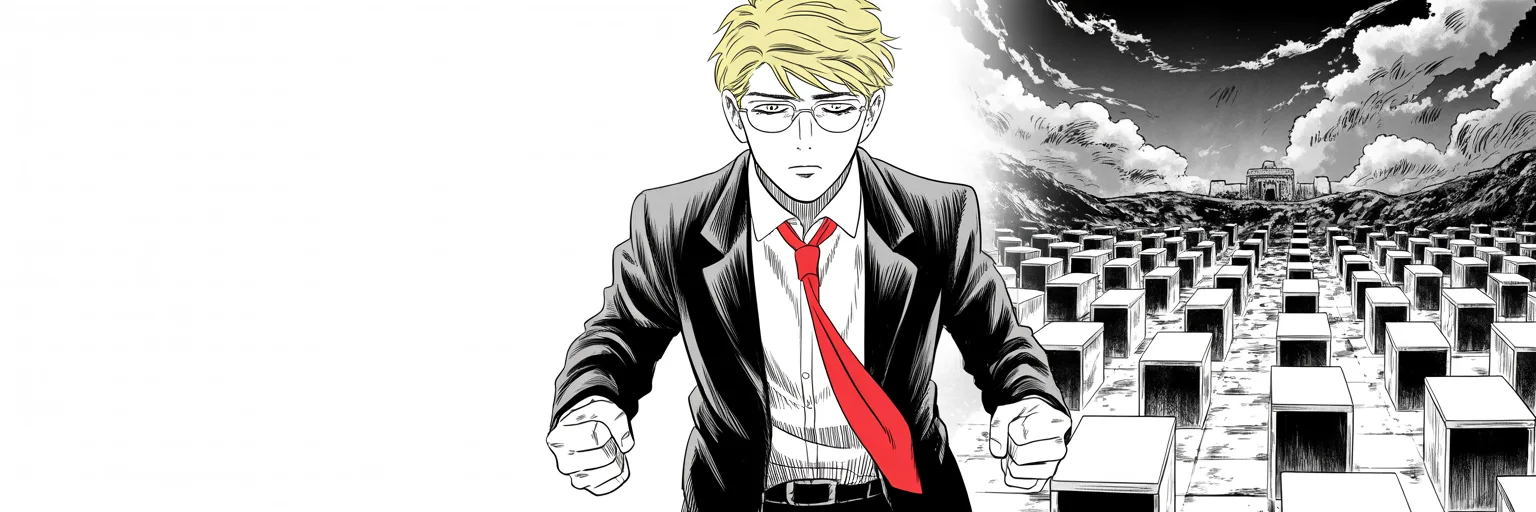 Manga panel 5 of 5, Week 10 “The Aura Made Visible”: tall tired middle-aged man with rimless glasses, slightly stooped shoulders, neat suit, gentle defeated eyes steps from shadow onto a churned dueling ground of facing podiums on the right half of…