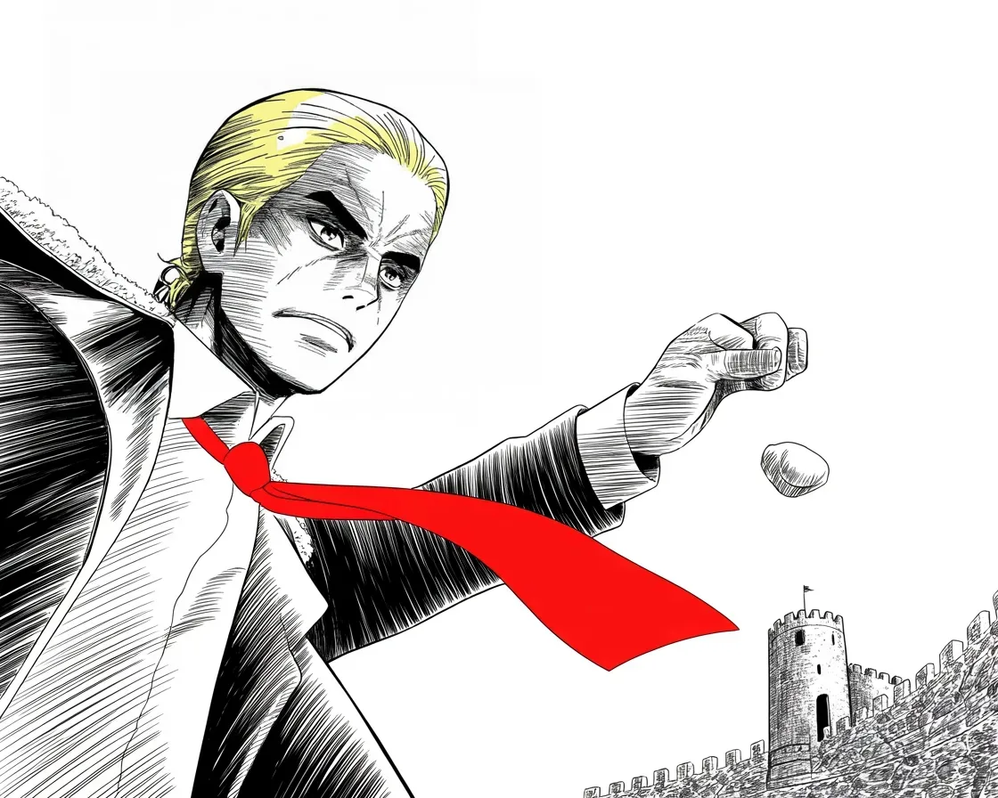 Manga panel 2 of 4, Week 11 “A Wall, Not a Fence”: imposing older man with a sweeping golden pompadour mane, heavy brow, small intense eyes, strong jowled jaw, long dark suit, very long red necktie flowing like a battle banner casually flicks a…