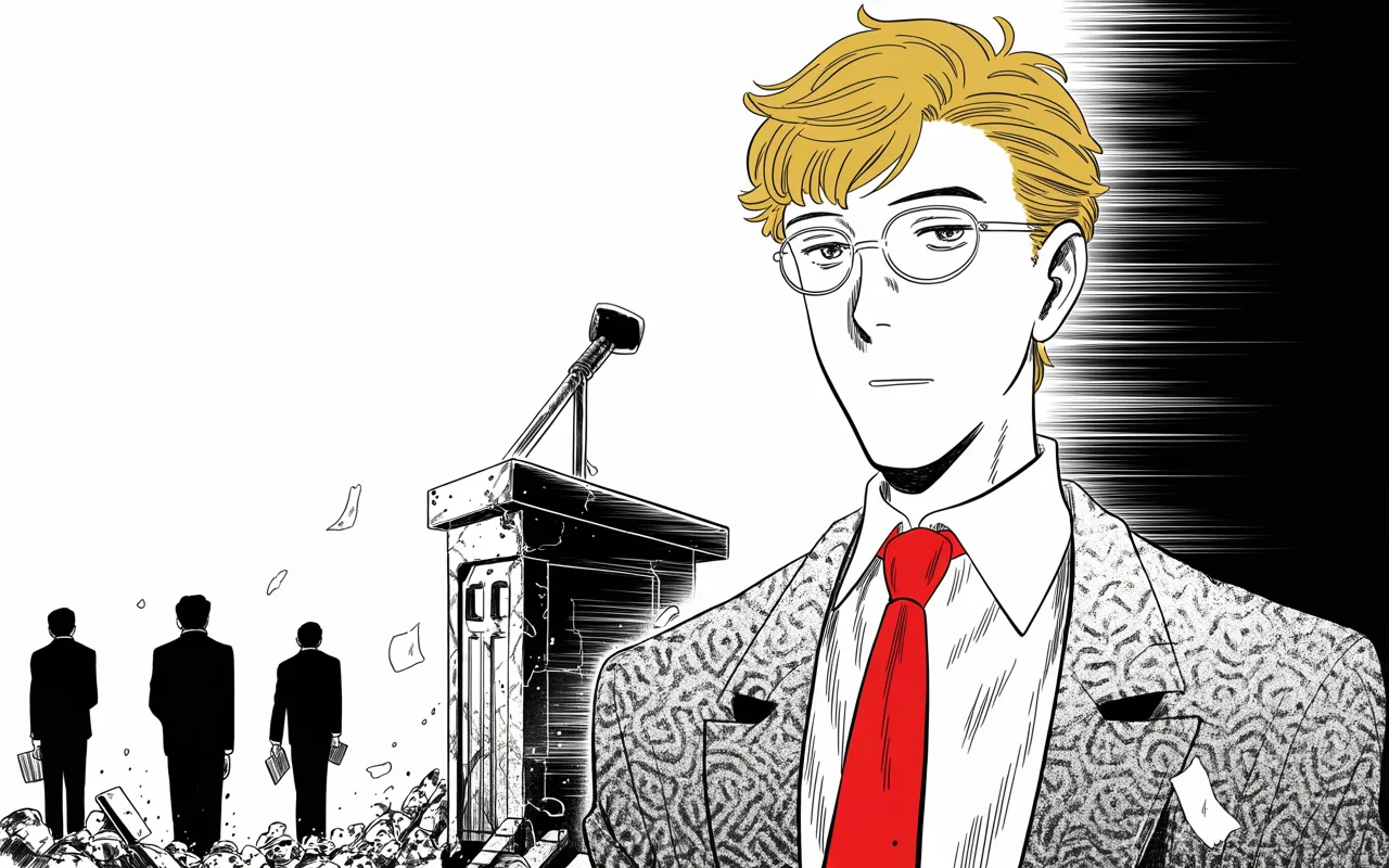 Manga panel 3 of 4, Week 11 “A Wall, Not a Fence”: tall tired middle-aged man with rimless glasses, slightly stooped shoulders, neat suit, gentle defeated eyes stands alone at a crumbling podium on the left half of the frame as three faceless…
