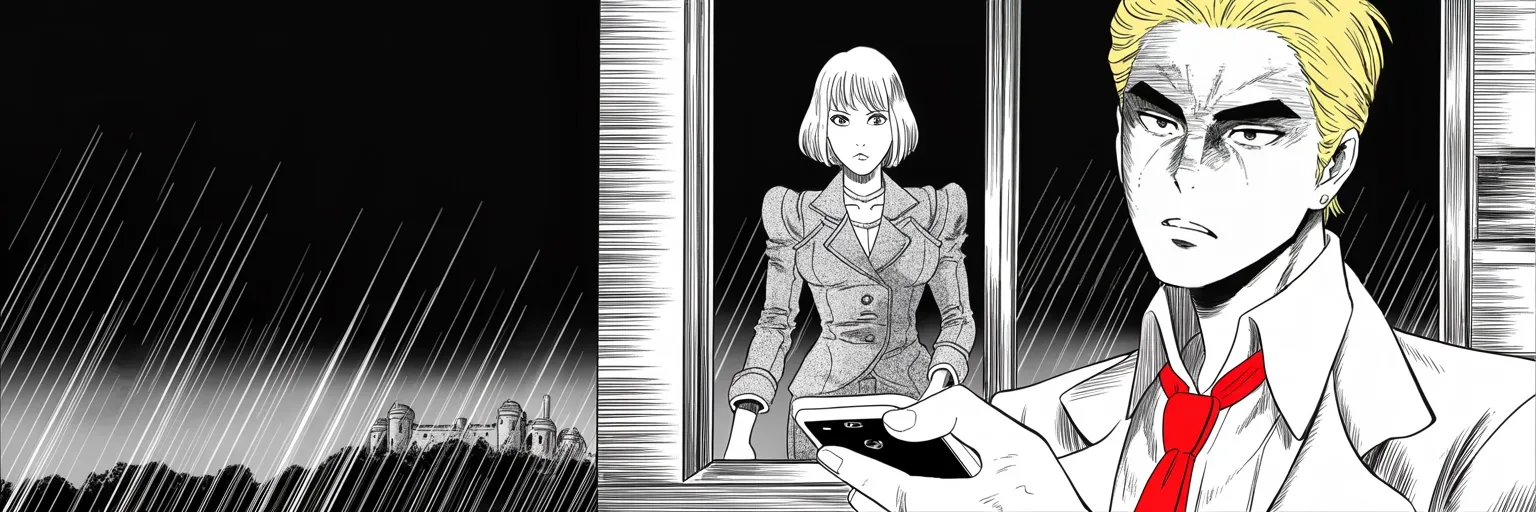 Manga panel 4 of 4, Week 11 “A Wall, Not a Fence”: close-up of thumbs over a glowing phone screen at the lower right of the frame; beyond a rain-streaked window on the right half, a distant fortress on the horizon where a composed older woman with…