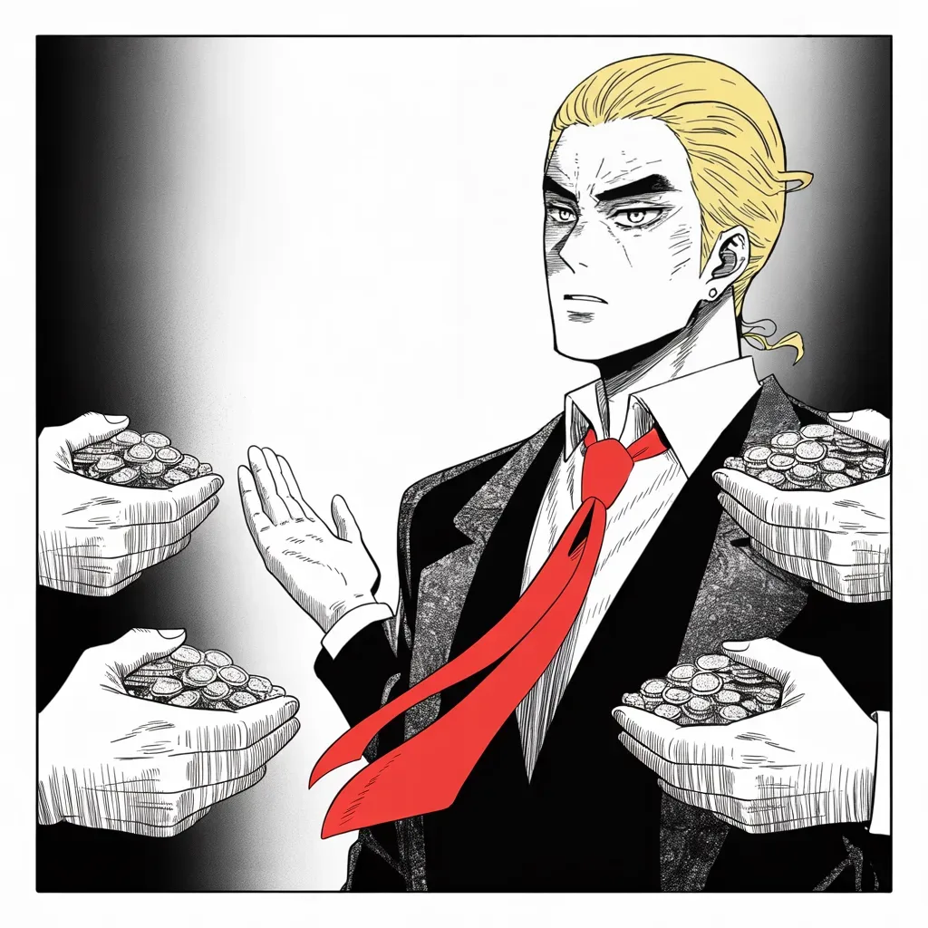 Manga panel 2 of 5, Week 12 “Bound, But Owned by No One”: Shadowy hands offer overflowing chests of coins from the dark lower corners of the square frame; imposing older man with a sweeping golden pompadour mane, heavy brow, small intense eyes, strong…