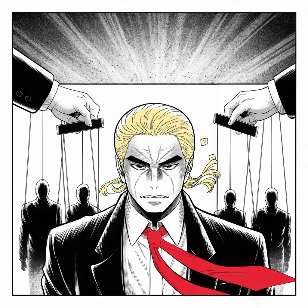 Manga panel 3 of 5, Week 12 “Bound, But Owned by No One”: Rival silhouettes dangle from marionette strings held by giant shadowed hands reaching in from the side edges across the middle strip of the square frame; apart stands imposing older man with a…