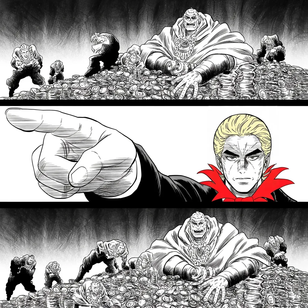Manga panel 4 of 5, Week 12 “Bound, But Owned by No One”: A colossal pointing hand looms across the middle strip of the square frame over bloated gilded lords lounging atop mountains of coin, small worn laborers toiling in shadow beside them, dramatic ink…