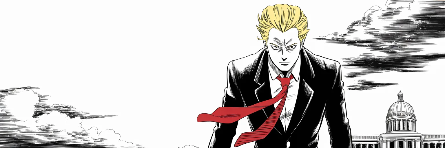 Manga panel 5 of 5, Week 12 “Bound, But Owned by No One”: Ultra-wide shot seen from behind: imposing older man with a sweeping golden pompadour mane, heavy brow, small intense eyes, strong jowled jaw, long dark suit, very long red necktie flowing like a…