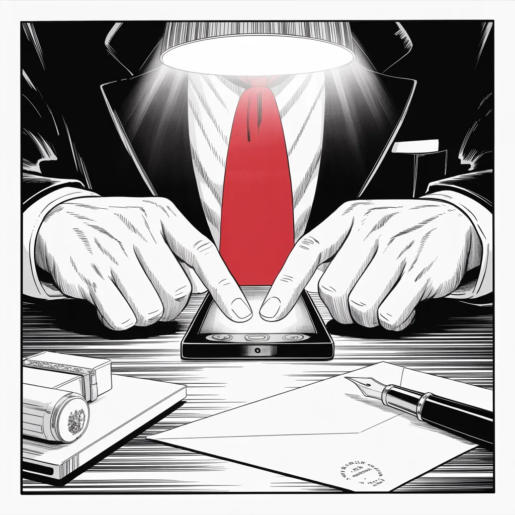 Manga panel 2 of 5, Week 13 “The Letter and the Silence”: Square panel: close-up of heavy thumbs poised over a glowing phone screen in a dim gilded tower office, hands, phone, sealed letter and fountain pen gathered along the bottom half of the frame under…