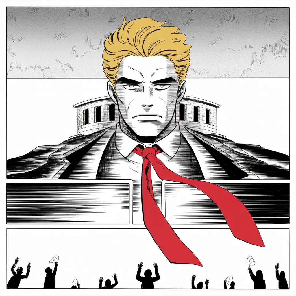 Manga panel 3 of 5, Week 13 “The Letter and the Silence”: Square panel: held to the middle strip of the frame, a fortress tower facade with imposing older man with a sweeping golden pompadour mane, heavy brow, small intense eyes, strong jowled jaw, long…