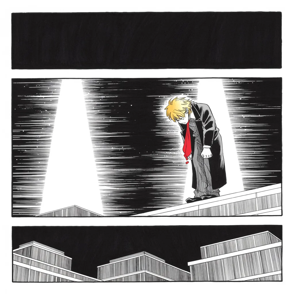 Manga panel 4 of 5, Week 13 “The Letter and the Silence”: Square panel: held to the middle strip of the frame, a night skyline with two colossal beams of light glowing behind it, and on a rooftop a lone heavyset figure in a long dark suit bowing his head…