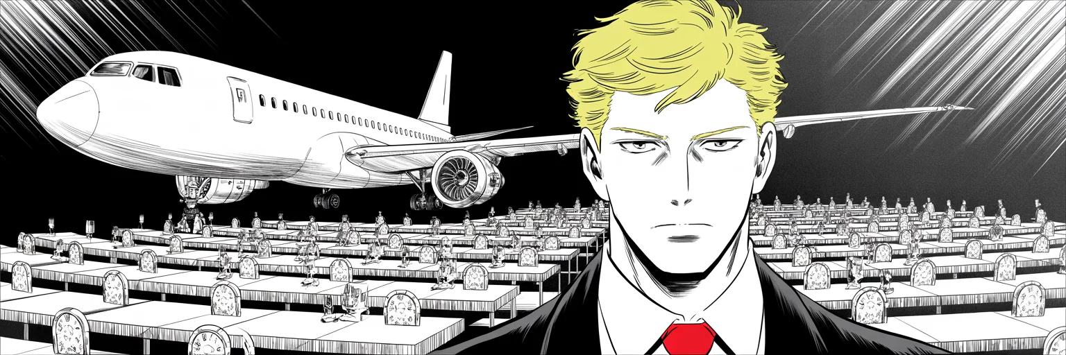Manga panel 5 of 5, Week 13 “The Letter and the Silence”: Ultra-wide cinemascope band: in a cavernous dim hall, a colossal retired presidential jetliner looms over a long row of empty debate podiums filling the left two-thirds of the frame, shafts of…