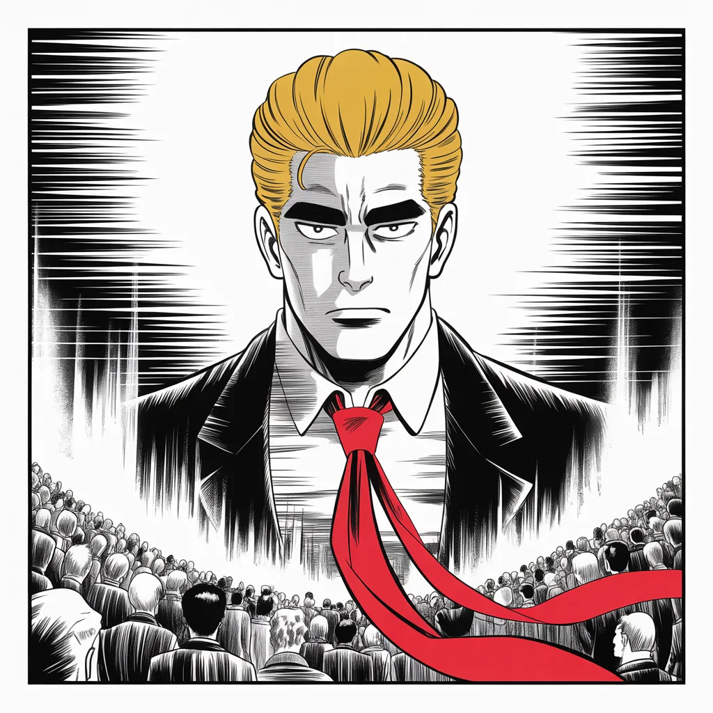 Manga panel 2 of 5, Week 14 “Flowers & a Thank You Note”: Square panel: imposing older man with a sweeping golden pompadour mane, heavy brow, small intense eyes, strong jowled jaw, long dark suit, very long red necktie flowing like a battle banner wreathed…