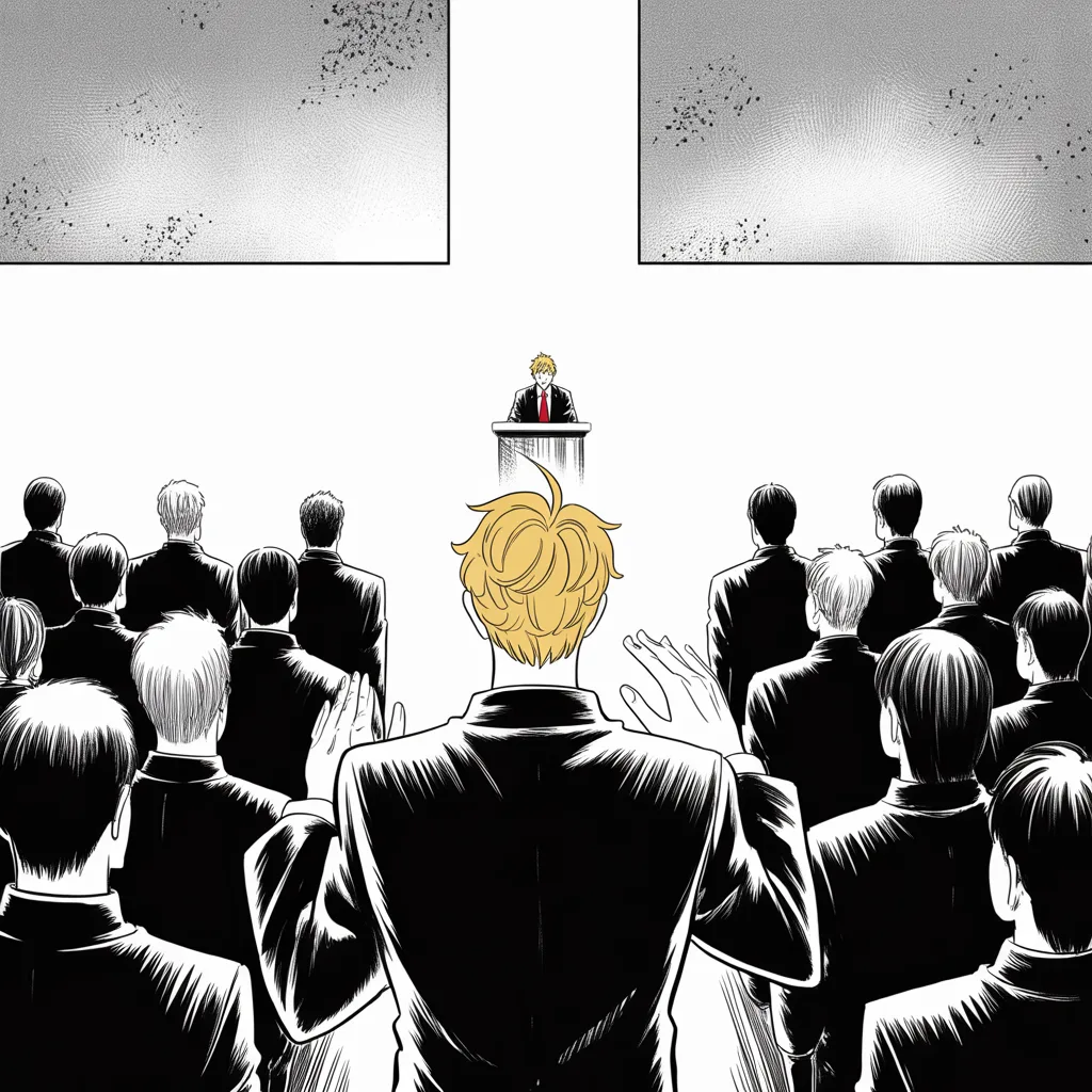 Manga panel 3 of 5, Week 14 “Flowers & a Thank You Note”: Black and white manga panel: a lone questioner seen entirely from behind in the lower center of the frame, a dark silhouette facing away toward a distant tiny podium, hands raised mid-question; all…