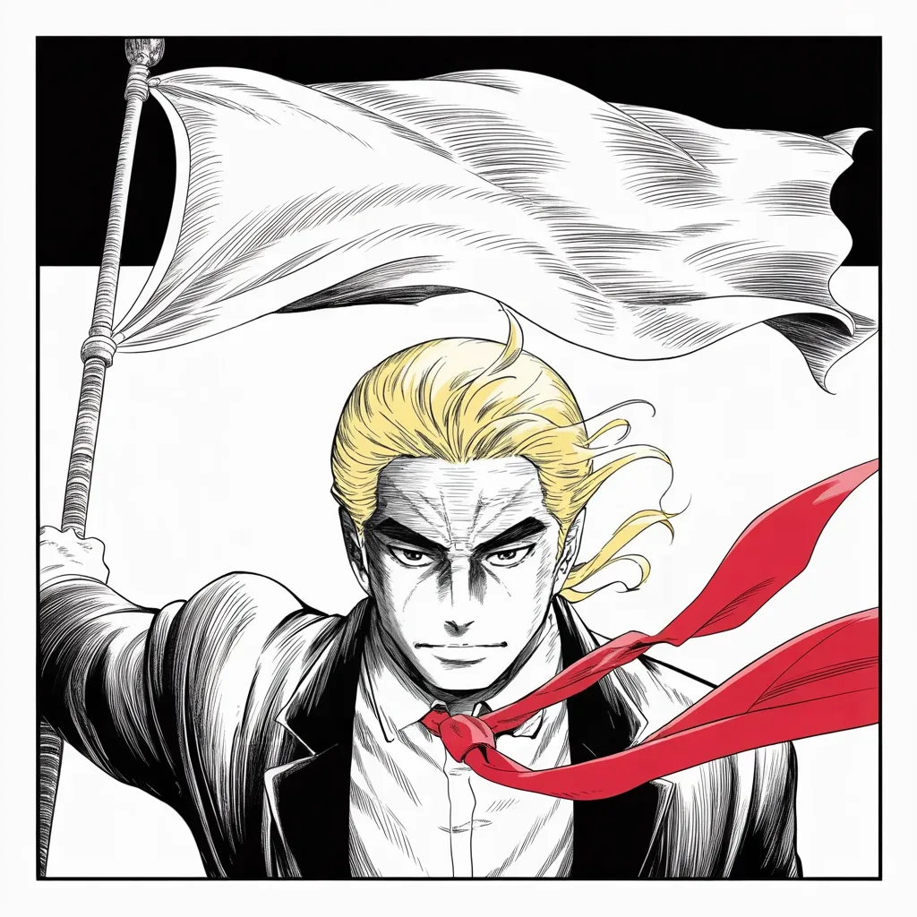 Manga panel 4 of 5, Week 14 “Flowers & a Thank You Note”: Square panel: shot from below, imposing older man with a sweeping golden pompadour mane, heavy brow, small intense eyes, strong jowled jaw, long dark suit, very long red necktie flowing like a…